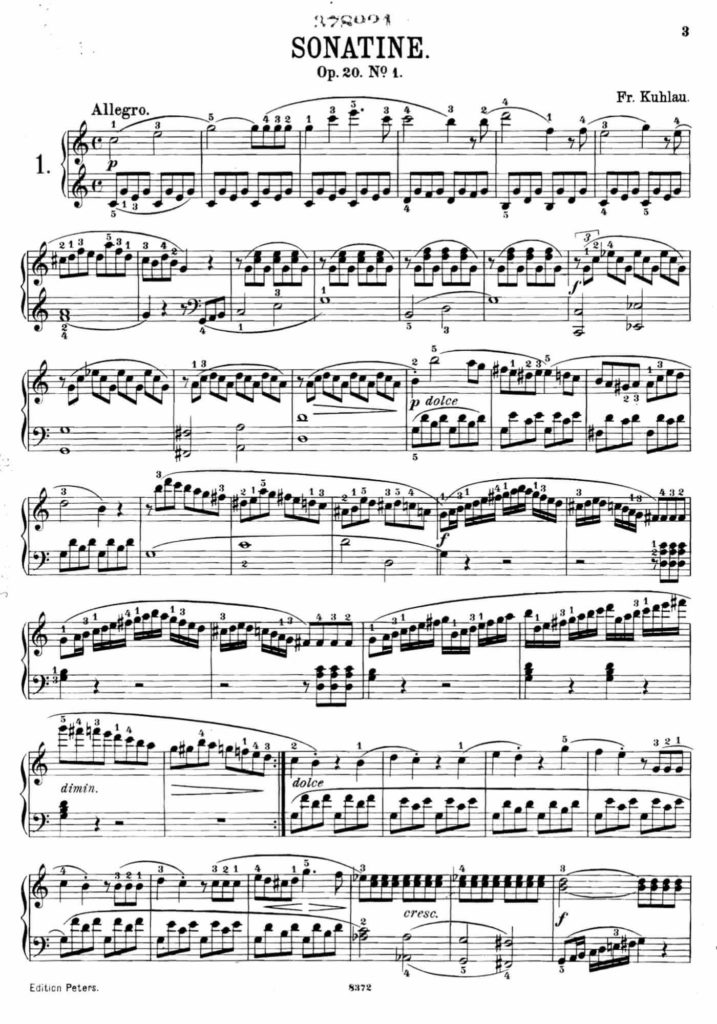 ペータース版「ソナチネアルバム」（1897年）クーラウ：ソナチネ Op.20-1より